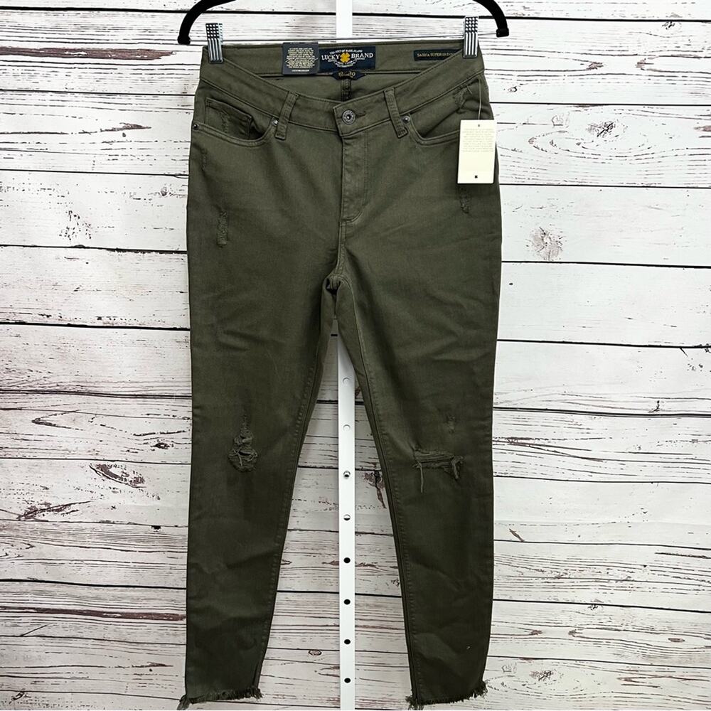 The Lucky Brand Olive Distressed Sasha Super Skinny Ankle Jeans Size 10 / 30